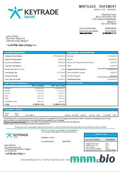 Belgia Bank Keytrade wyciąg z kredytu hipotecznego szablon Word i PDF